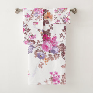 Elegant pink rose gold country chic vintage floral bath towel set