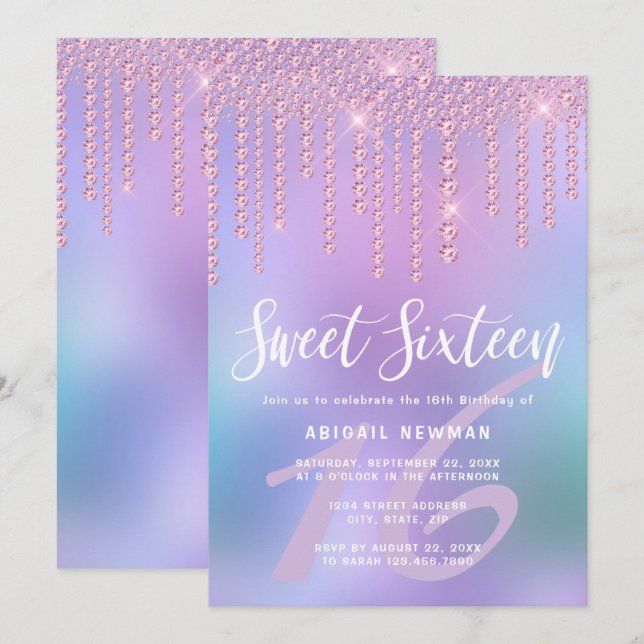 Elegant pink rose gold diamond drips sweet sixteen invitation (Front/Back)