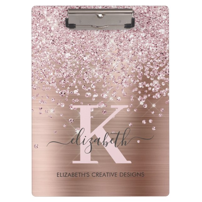 Elegant Pink Rose Gold Diamond Glitter Monogrammed Clipboard (Front)