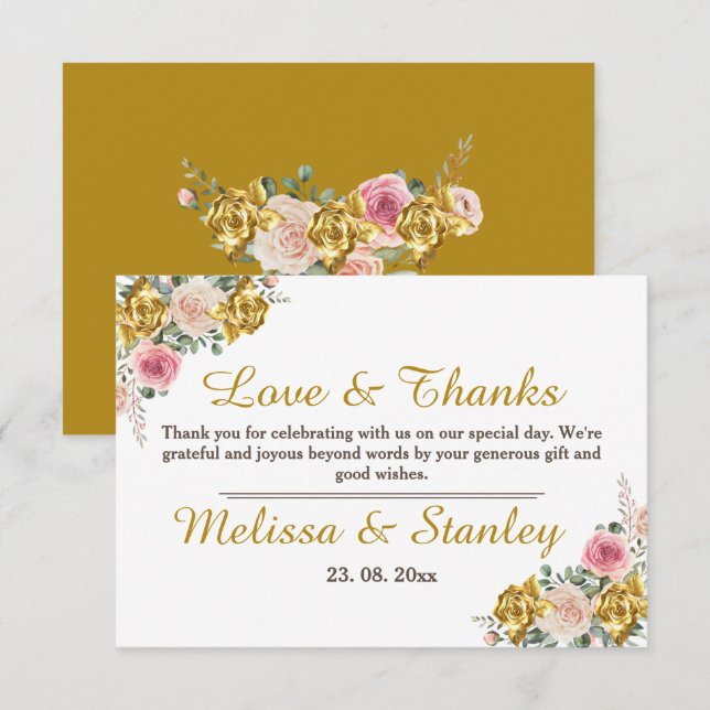 Elegant Pink, Rose Gold Eucalyptus Floral Wedding Thank You Card (Front/Back)