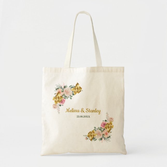 Elegant Pink, Rose Gold Eucalyptus Floral Wedding Tote Bag (Front)