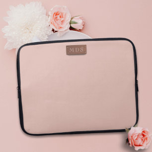 Elegant Pink Rose Gold Faux Metal Monogram Laptop Sleeve