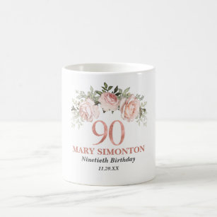 Elegant Pink Rose Gold Floral 90th Birthday  Coffee Mug