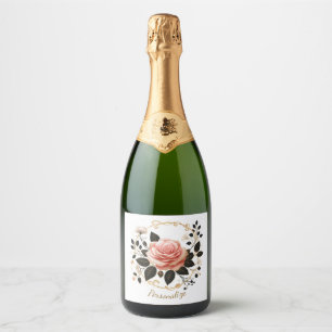 Elegant Pink Rose & Gold Floral Art Personalize Sparkling Wine Label