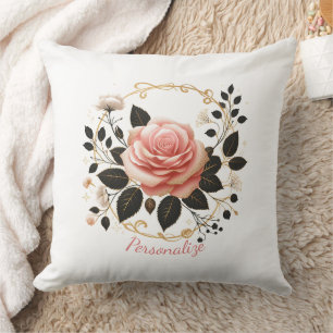 Elegant Pink Rose & Gold Floral Art Personanalize Cushion