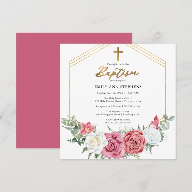 Elegant Pink Rose | Gold Floral Frame Girl Baptism Invitation (Front/Back)
