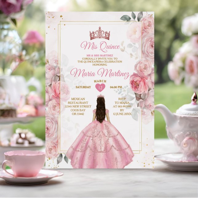 Elegant Pink Rose Gold Floral Princess Mis Quince Invitation (Creator Uploaded)