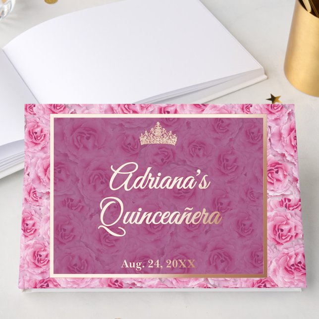 Elegant Pink Rose Gold Floral Quinceanera Guest Book (Creator Uploaded)