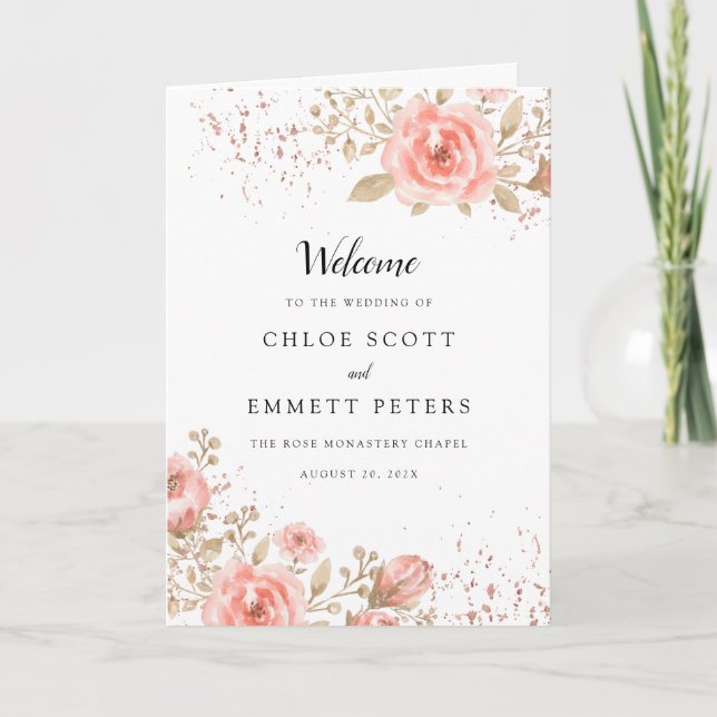 Elegant Pink Rose Gold Floral Wedding Booklet Programme (Front)