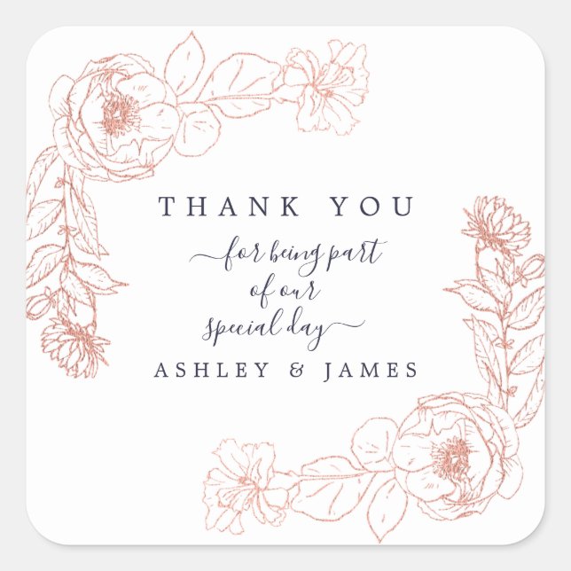Elegant Pink Rose Gold Floral Wedding Thank You Square Sticker (Front)