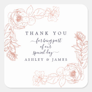 Elegant Pink Rose Gold Floral Wedding Thank You Square Sticker