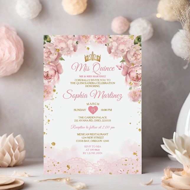 Elegant Pink Rose Gold Flowers Girl Mis Quince Invitation (Creator Uploaded)