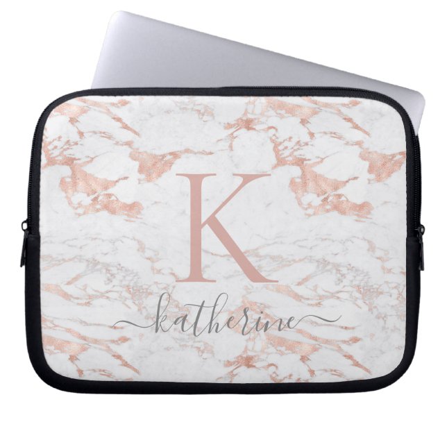 Elegant Pink Rose Gold Foil Marble Monogram Laptop Sleeve (Front)