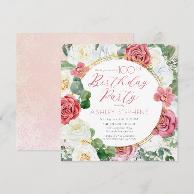 Elegant Pink Rose |Gold Frame 100th Birthday Party Invitation (Front/Back)