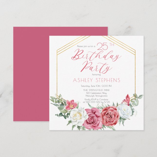 Elegant Pink Rose | Gold Frame 25th Birthday Party Invitation (Front/Back)