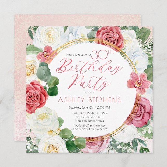 Elegant Pink Rose | Gold Frame 30th Birthday Party Invitation (Front/Back)