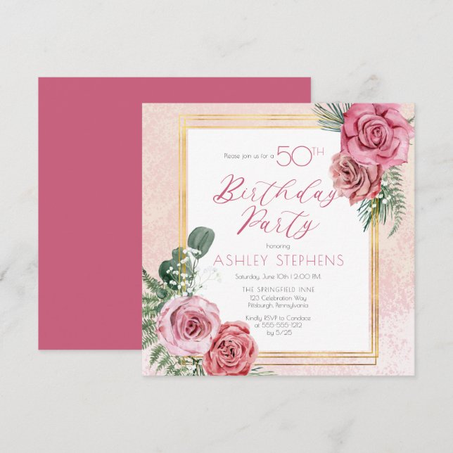 Elegant Pink Rose | Gold Frame 50th Birthday Party Invitation (Front/Back)