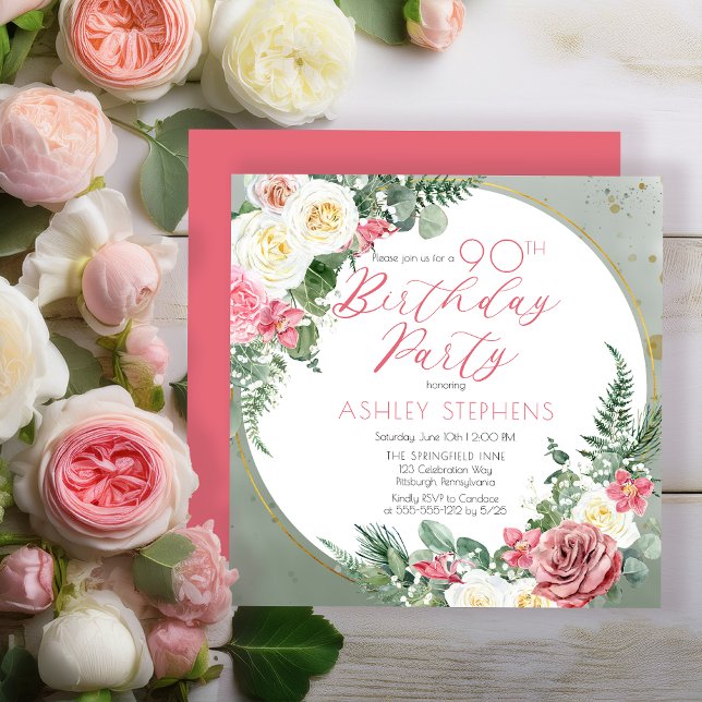 Elegant Pink Rose | Gold Frame 90th Birthday Party Invitation (Elegant Pink Rose and Gold Tone Frame 90th Birthday Party Invitation - Print | Digital Download)