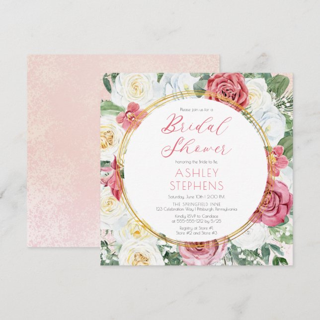 Elegant Pink Rose | Gold Frame Bridal Shower Invit Invitation (Front/Back)