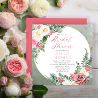 Elegant Pink Rose | Gold Frame Bridal Shower Invit