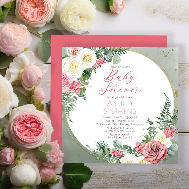 Elegant Pink Rose | Gold Frame Girl Baby Shower Invitation (Elegant Pink Rose and Gold Tone Frame Girl Baby Shower Invitation - Print | Digital Download)