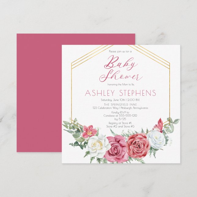 Elegant Pink Rose | Gold Frame Girl Baby Shower Invitation (Front/Back)