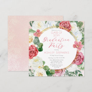 Elegant Pink Rose   Gold Frame Graduation Party Invitation