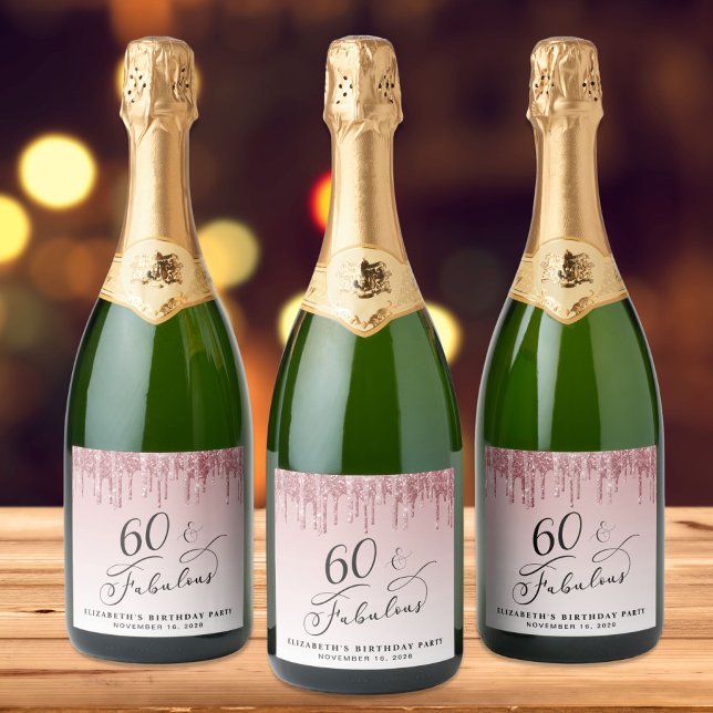 Elegant Pink Rose Gold Glitter 60th Birthday Party Sparkling Wine Label (Creator Uploaded)