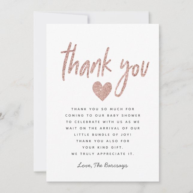 Elegant Pink Rose Gold Glitter Baby Shower Thank You Card (Front)