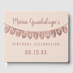 Elegant Pink Rose Gold Glitter Banner Quinceañera Guest Book