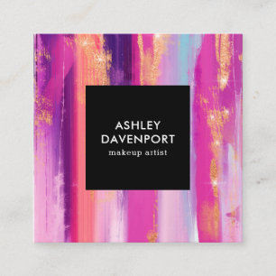 Elegant pink rose gold glitter brushstrokes makeup square business card