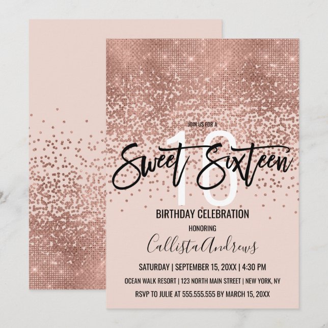 Elegant Pink Rose Gold Glitter Confetti Sweet 16 Invitation (Front/Back)
