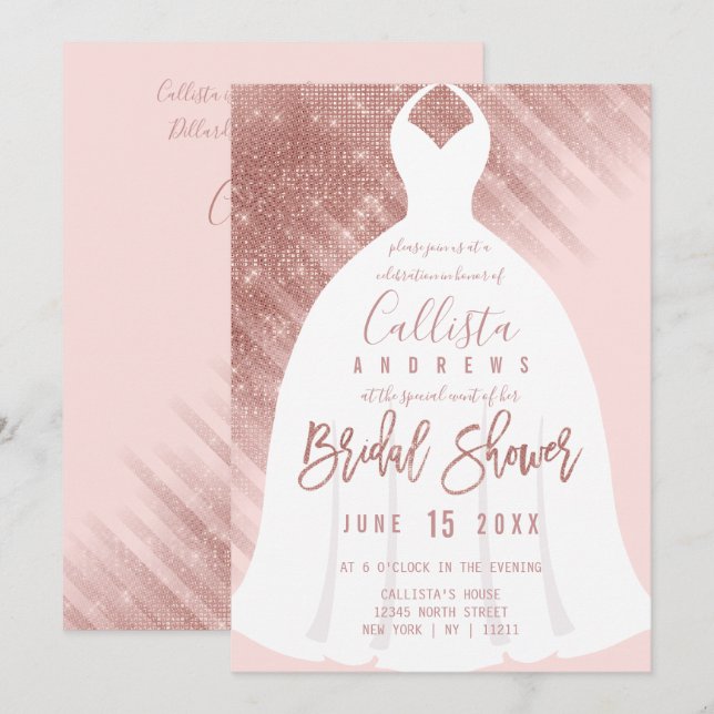 Elegant Pink Rose Gold Glitter Dress Bridal Shower Invitation (Front/Back)