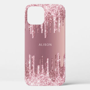 Elegant pink rose gold glitter drips custom name iPhone 12 pro case
