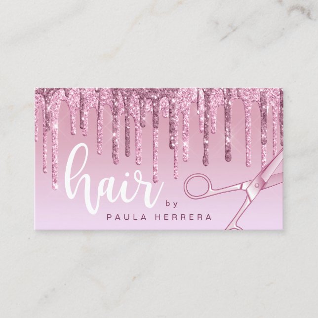 Elegant pink rose gold glitter drips hairstylist business card (Front)