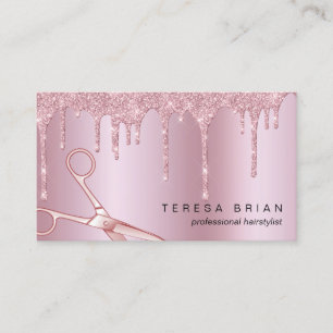 Elegant pink rose gold glitter drips hairstylist business card