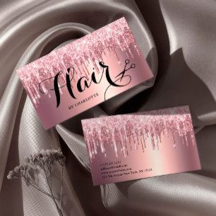 Elegant pink rose gold glitter drips hairstylist business card