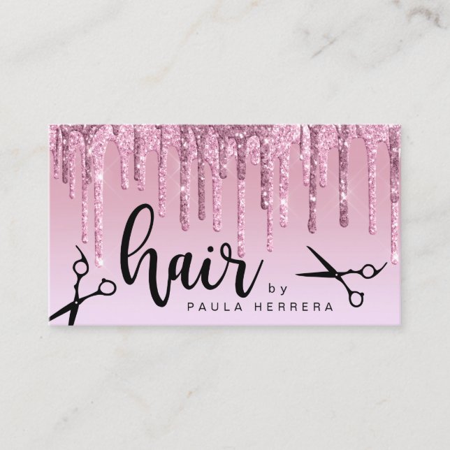 Elegant pink rose gold glitter drips hairstylist business card (Front)