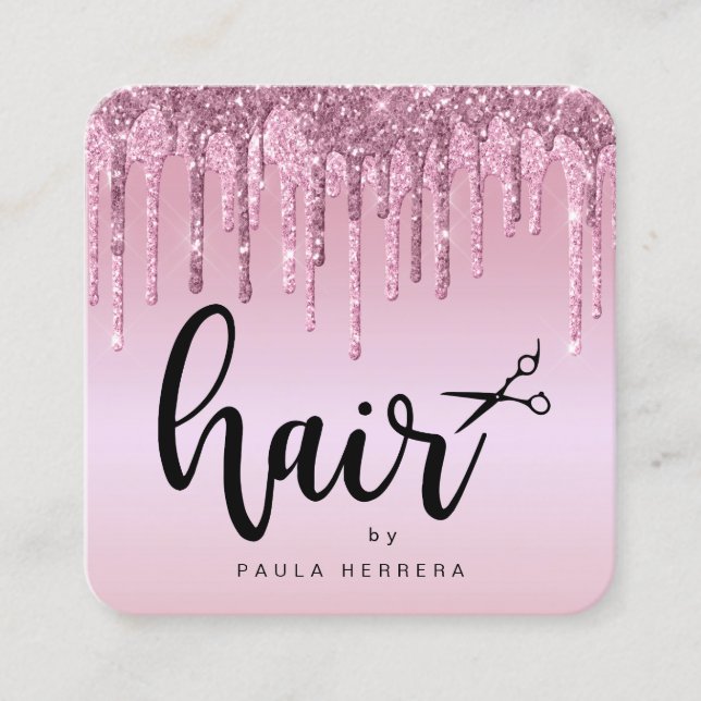 Elegant pink rose gold glitter drips hairstylist square business card (Front)