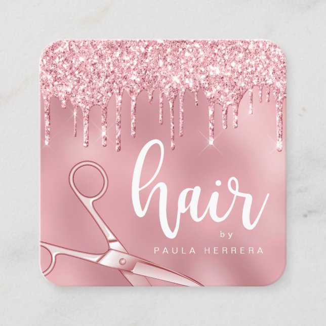 Elegant pink rose gold glitter drips hairstylist square business card (Front)