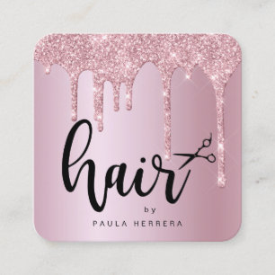 Elegant pink rose gold glitter drips hairstylist square business card