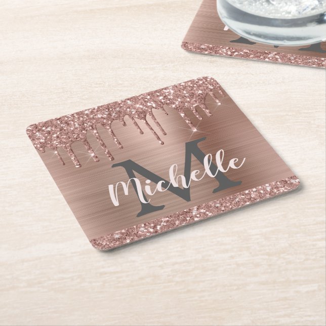 Elegant Pink Rose Gold Glitter Drips Monogram Square Paper Coaster (Angled)