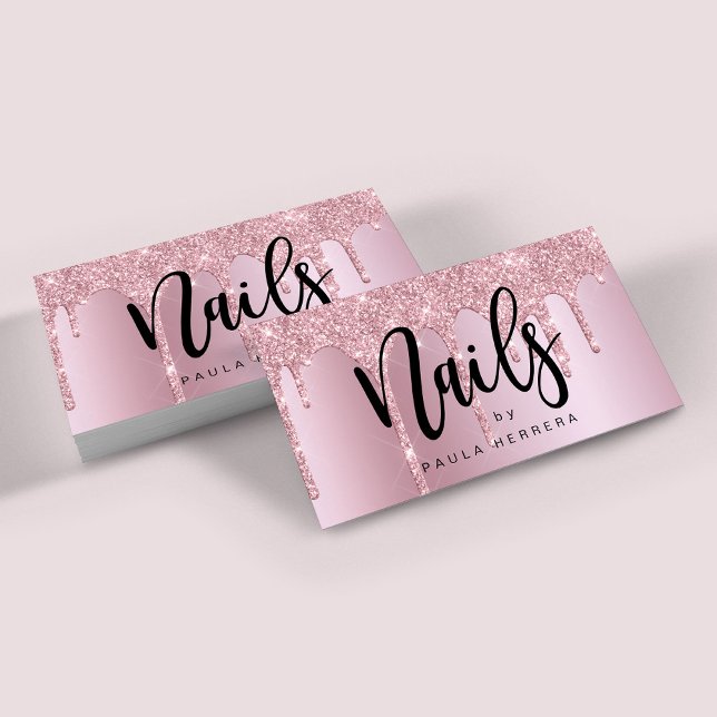 Elegant pink rose gold glitter drips nails  business card (Creator Uploaded)