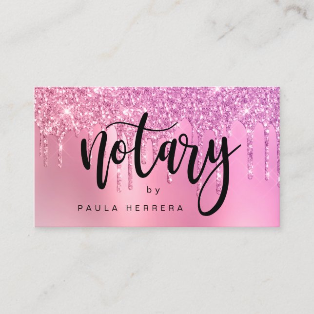 Elegant pink rose gold glitter drips notary busine business card (Front)