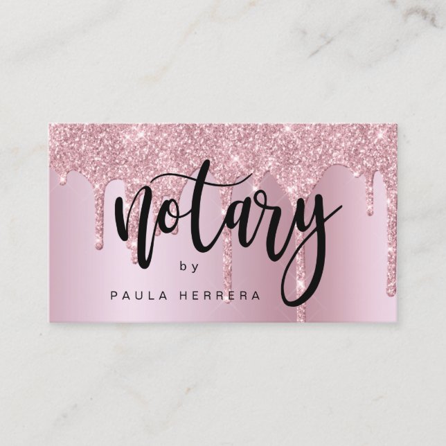 Elegant pink rose gold glitter drips notary business card (Front)