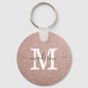 Elegant Pink Rose Gold Glitter Monogram Script Key Ring
