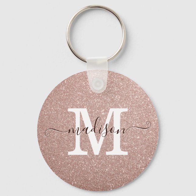 Elegant Pink Rose Gold Glitter Monogram Script Key Ring (Front)