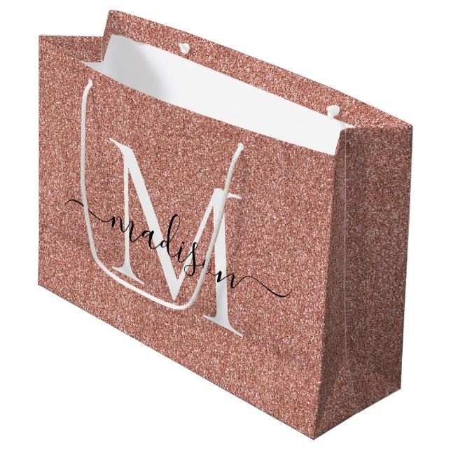 Elegant Pink Rose Gold Glitter Monogram Script Large Gift Bag (Front Angled)