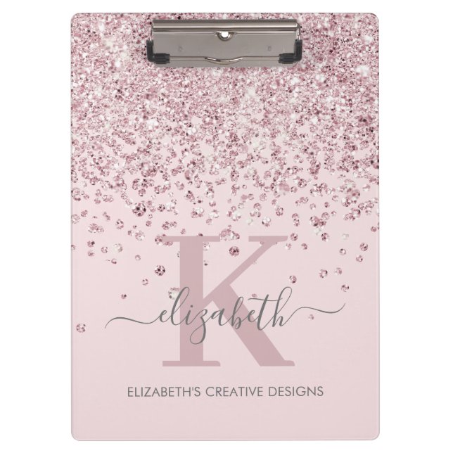 Elegant Pink Rose Gold Glitter Monogrammed Blush  Clipboard (Front)