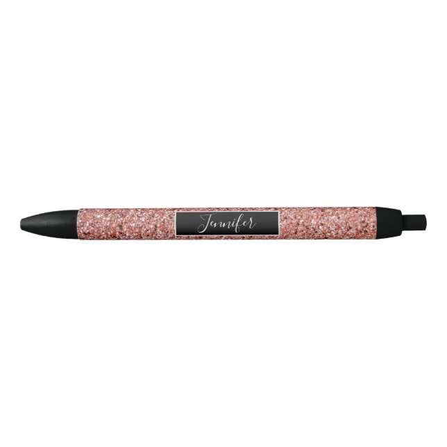 Elegant Pink Rose Gold Glitter Personalised Black Ink Pen (Front)